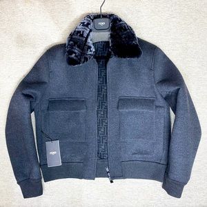 SOLD Fendi Men's Wool Black Logo Collar Bomber - 56 | XL